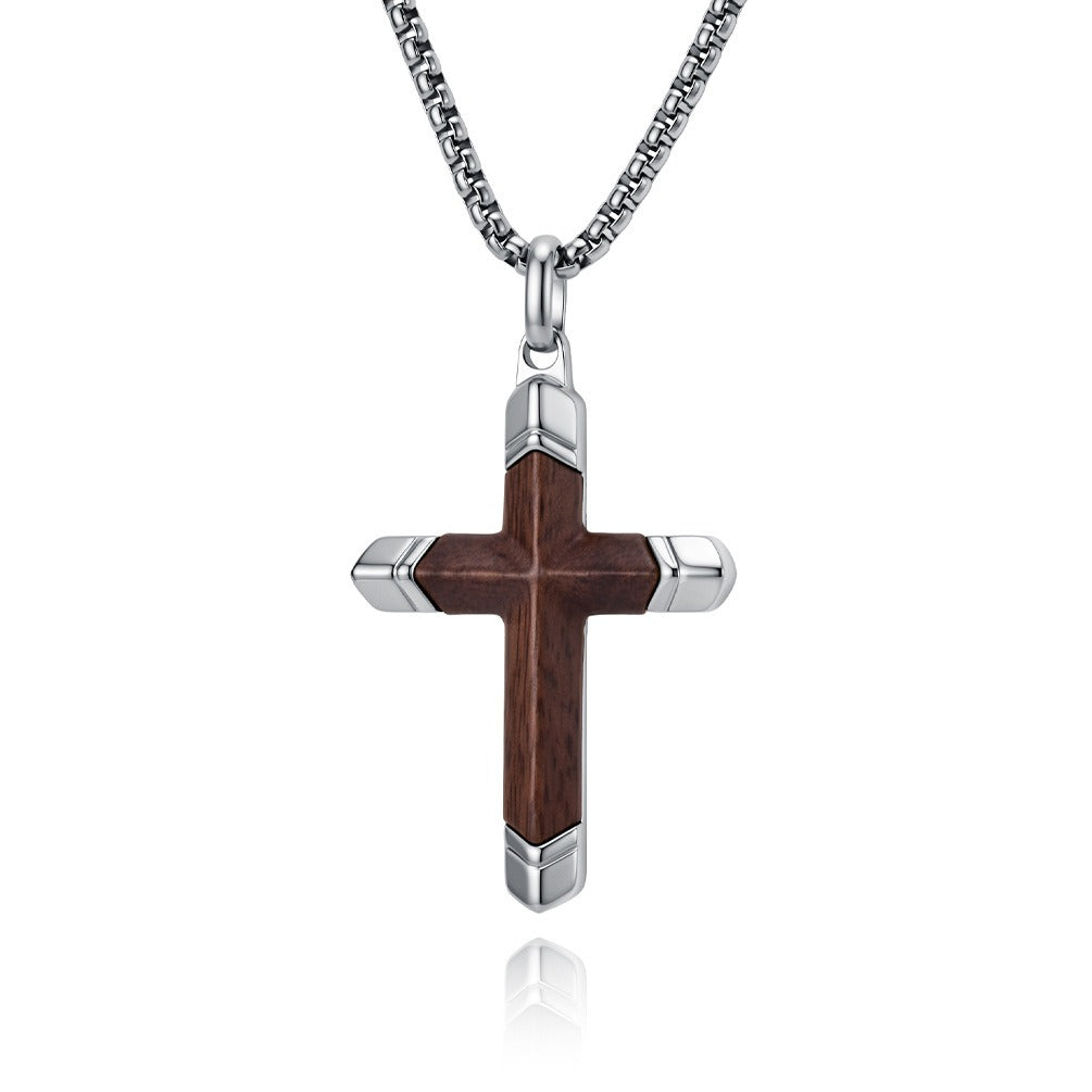 Kemstone Wood Cross Necklace for Men Stainless Steel Metal Accent Pendant K-PT736