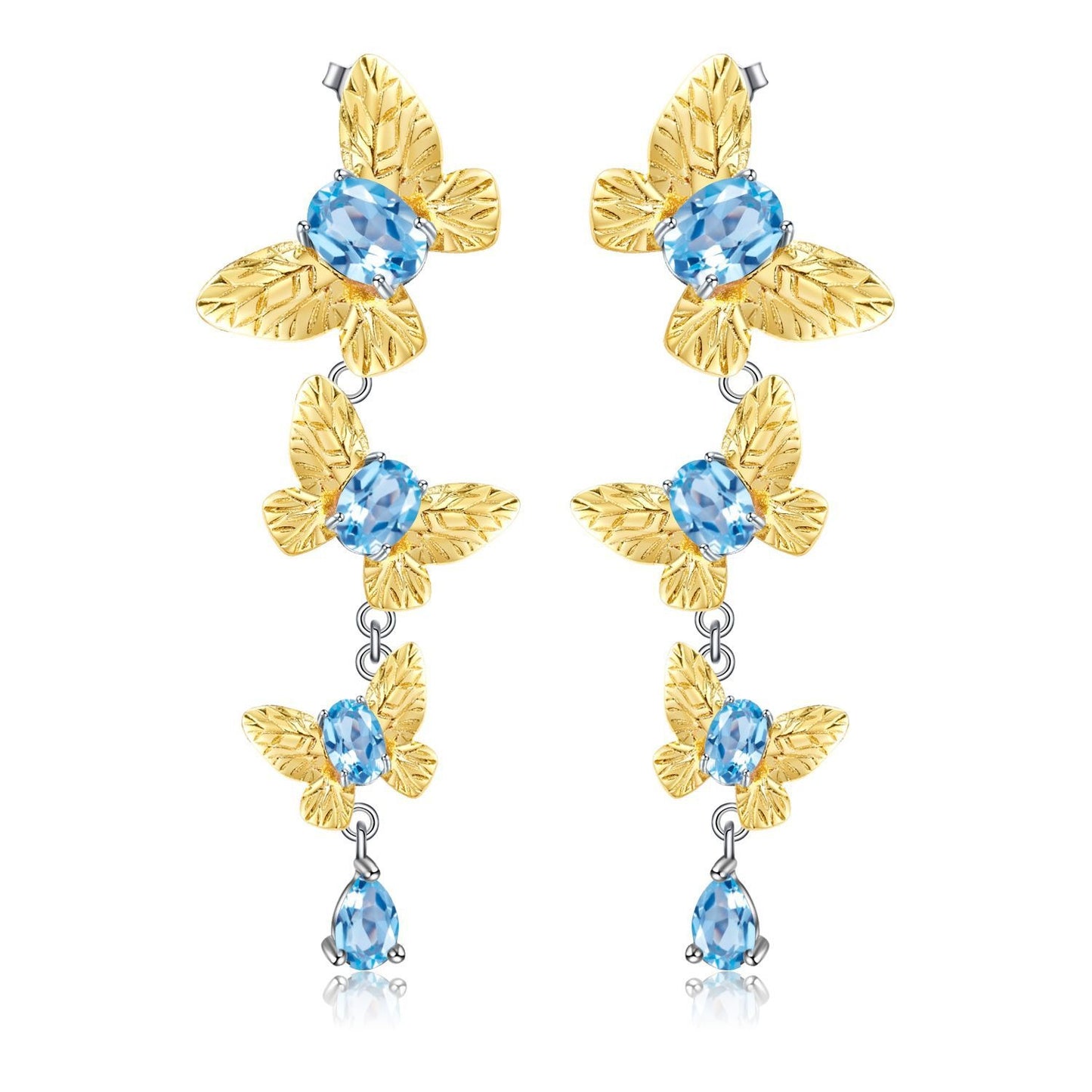Pendientes colgantes de plata de ley S925 con gemas, diseño original artesanal de Kemstone, con diseño de mariposa de amatista natural y topacio azul suizo para mujer.