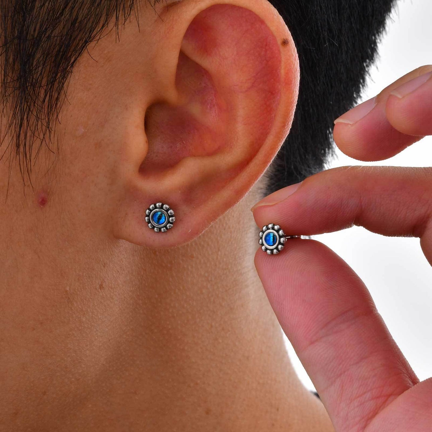 Kemstone Stainless Steel Symbolic Resin Demon's Eye Stud Earrings for Men – Silver ES-749