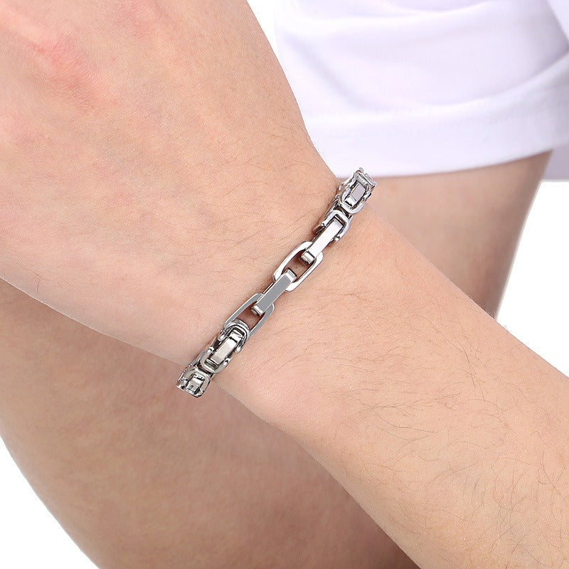 Kemstone Rock-Edge Steel Plate Bracelet – 6mm Mixed Metal Chain for Men | Gothic Punk Streetwear Jewelry KB185313-Z
