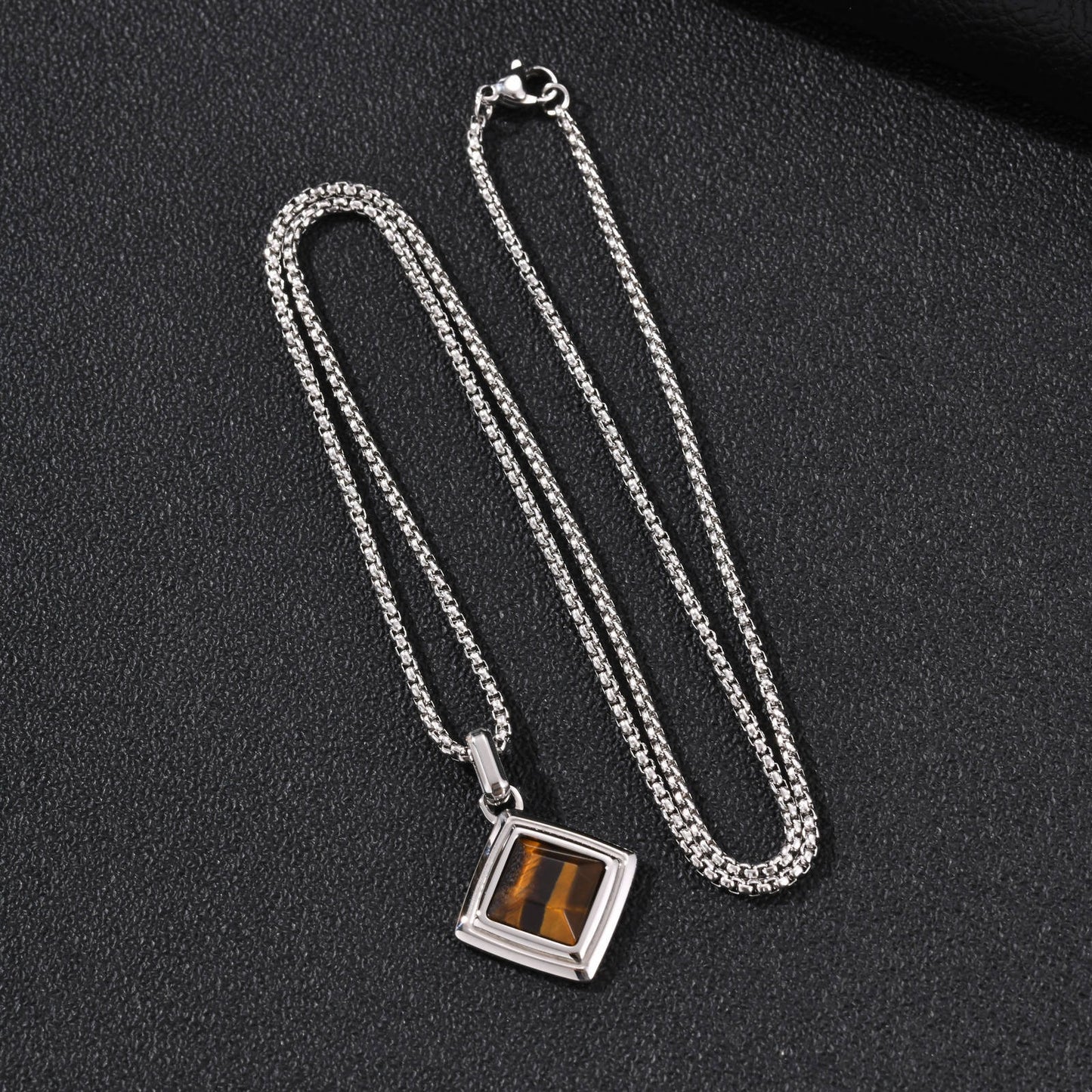 Kemston Tiger Eye Square Pendant Necklace for Men Stainless Steel Geometric Stone Design PN-2436