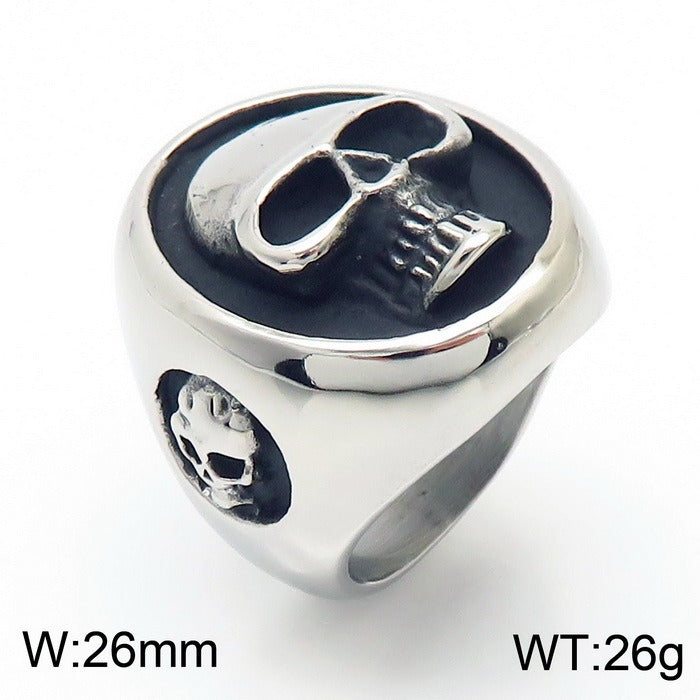 Kemstone Titanium Steel Skull Signet Ring – Heavy Dark Punk Style for Men KR106363-KJX