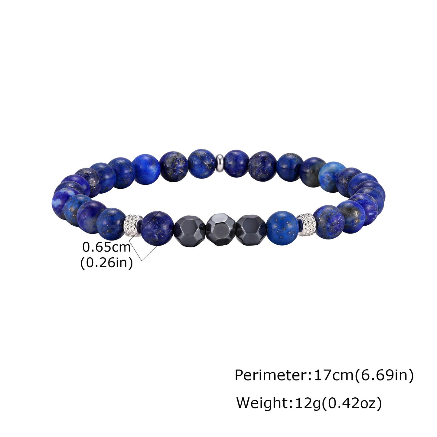 Kemston Lapis Lazuli Black Stone Beaded Bracelet for Men Stainless Steel Vintage Style BR-2917