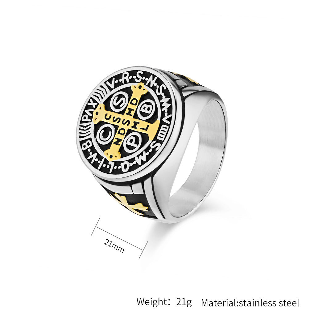 Kemstone Gothic Exorcist Ring – Vintage Stainless Steel Saint Benedict Cross Band for Men | Punk Streetwear Style