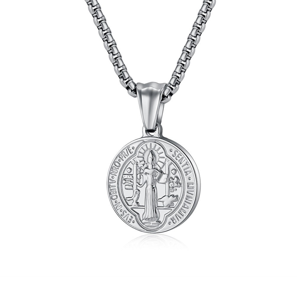 Kemstone Stainless Steel Saint Benedict Exorcism Coin Pendant Necklace for Men K-PT549