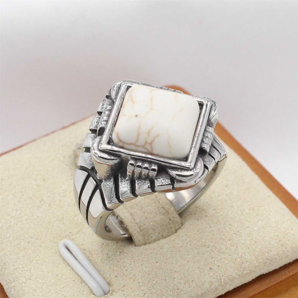 Kemstone Titanium Steel Square Stone Signet Ring for Men R1699