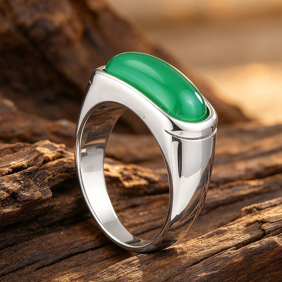 Kemstone Green Stone Ring for Men Stainless Steel Elongated Face MJ0167