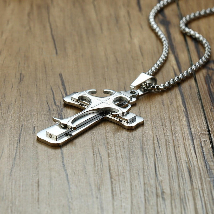 Kemston Titanium Steel Layered Cross Pendant Necklace for Men Vintage Style PN-097