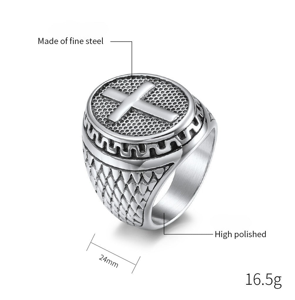 Kemstone Stainless Steel Cross Signet Ring – Engraved Vintage Surface K-R650