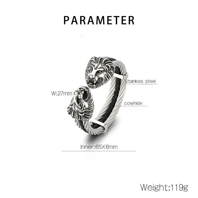 Kemstone Titanium Steel Lion Head Open Cuff Bracelet for Men – Steel Cable KB167192-KFC