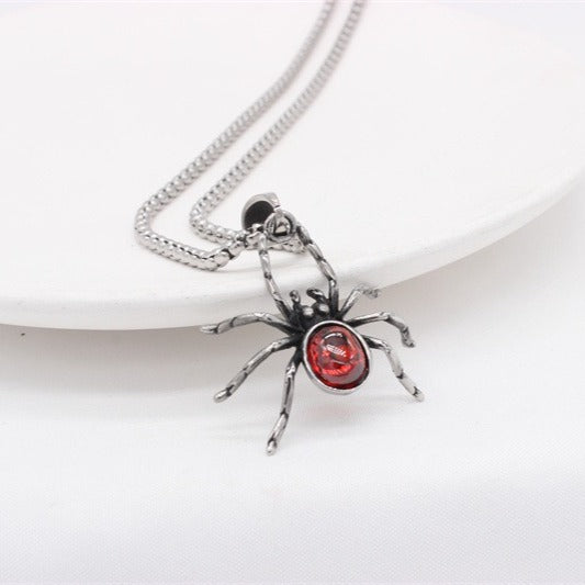 Kemstone Titanium Steel Spider Pendant Necklace for Men – Black & Red Stone Options P1412