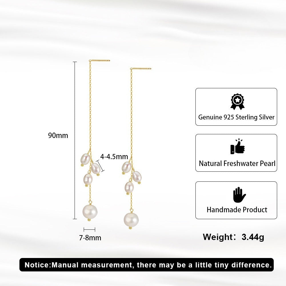 Kemstone 925 Sterling Silver Freshwater Pearl Tassel Earrings for Women – 90mm Drop GPE127