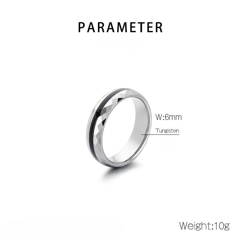 Kemstone Tungsten Steel Ring for Men & Women – Ceramic Inlay / Faceted Black Enamel Band 6mm 7mm KR114248-TS