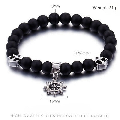 Kemstone Stainless Steel Ship Wheel Beaded Bracelet for Men, 8mm Matte Black Agate Nautical Helm Charm KB92957-BD