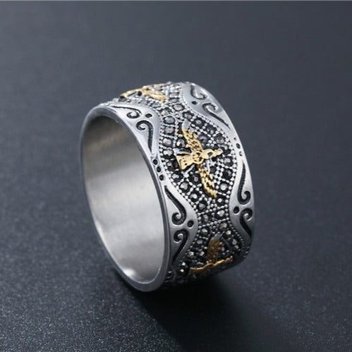 Kemston Titanium Steel Eagle Ring for Men Vintage Gold Detail Wide Band R0483