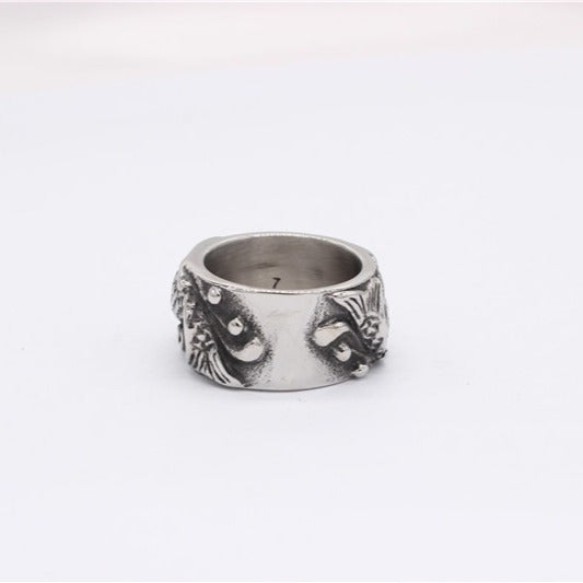 Kemston Titanium Steel Double Koi Fish Ring for Men Vintage R1375