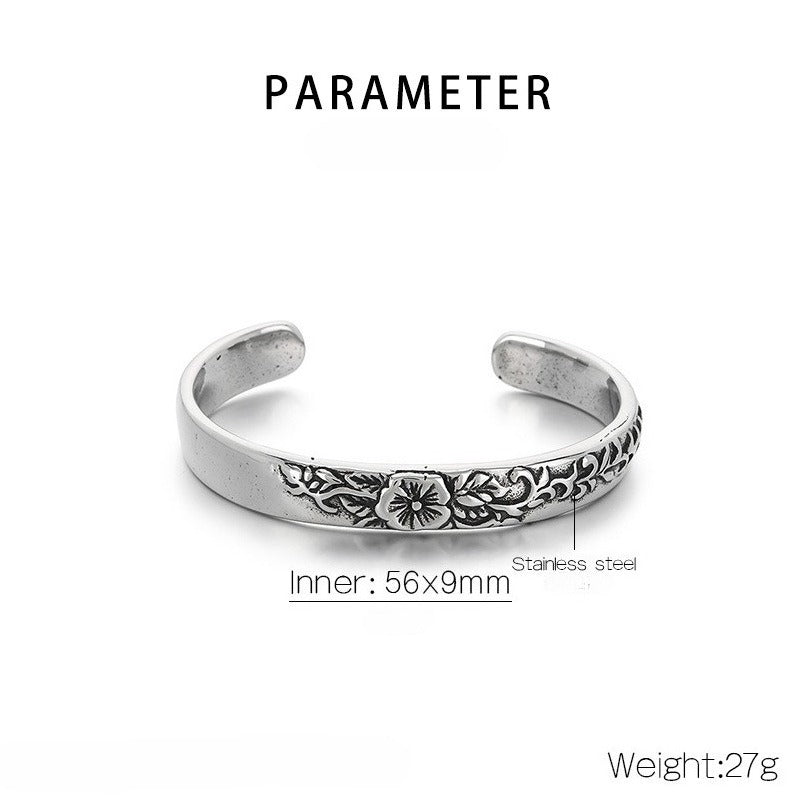 Kemstone Vintage Floral Engraved Titanium Steel Cuff Bracelet – Open Design for Men & Women KB209296-LU