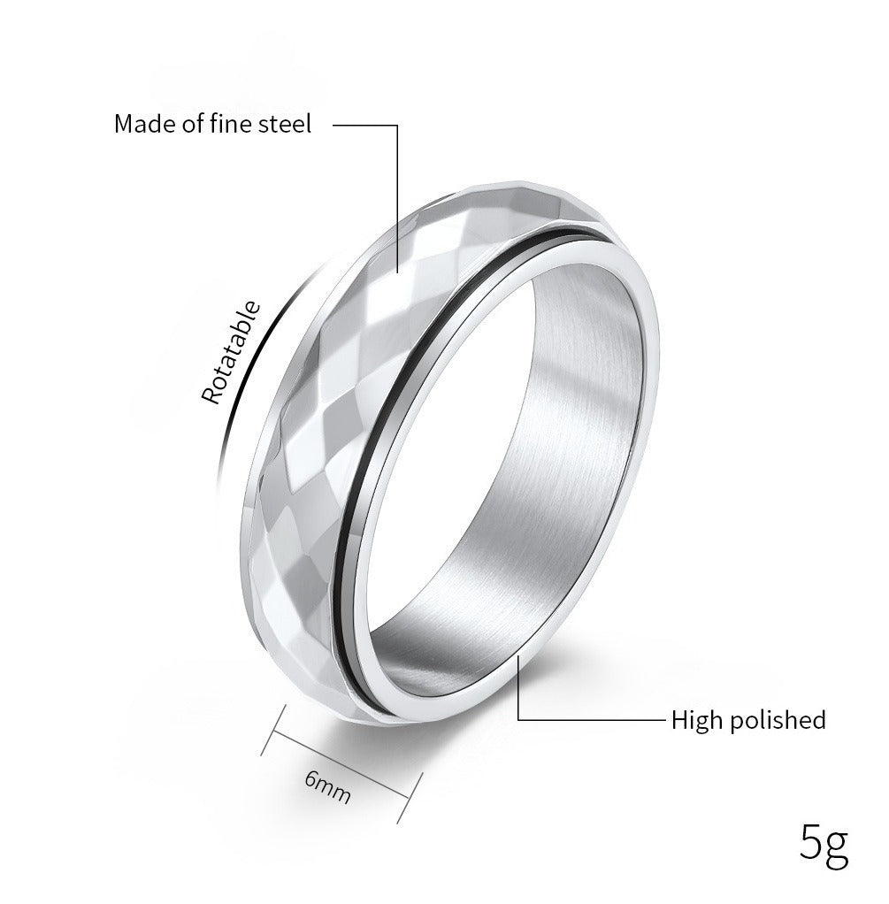 Kemstone Faceted Spinner Ring in Stainless Steel for Men & Women,Silver Black K-R663