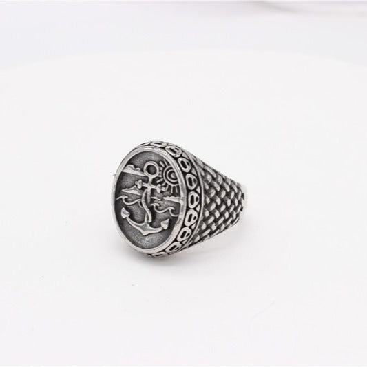 Kemstone Anchor Signet Ring for Men Titanium Steel Textured Sides R1283