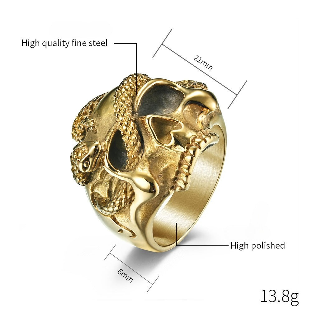 Kemstone Snake Skull Stainless Steel Ring for Men – Hip Hop Gothic Signet K-R484