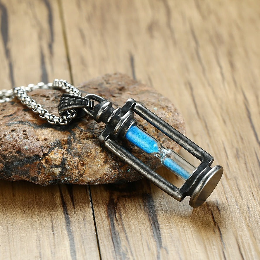 Kemstone Stainless Steel Hourglass Pendant Necklace for Men Vintage Silver PN1097
