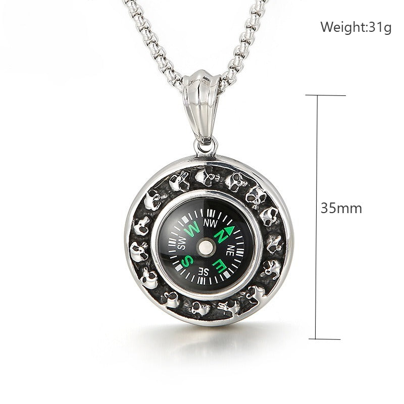 Kemstone Titanium Steel Compass Skull Pendant Necklace for Men Vintage Round Design KP55736-BD