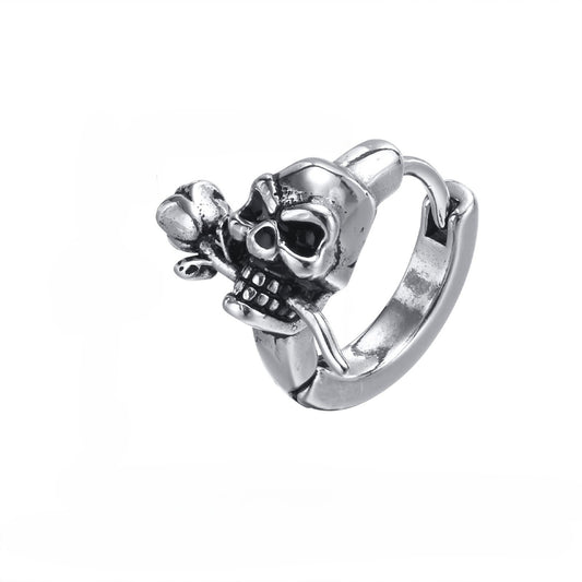 Skull & Rose Hoop Earring for Men – Gothic Stainless Steel Jewelry with Dark Elegance EH-444