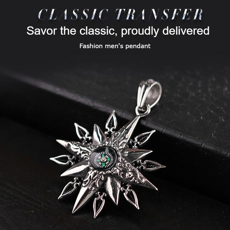 Kemstone Titanium Steel Men’s Sunburst Compass Pendant Necklace KP42987-BD