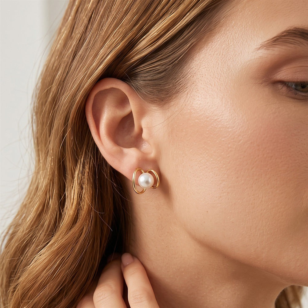 Kemstone Double Loop Shell Pearl Stud Earrings for Women 925 Sterling Silver PSE16