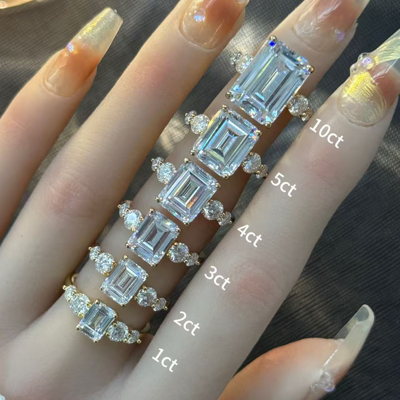 Kemstone Emerald Cut Moissanite Five-Stone Ring for Women, 1–10ct D–E VVS, S925 Gold-Plated Engagement & Wedding Jewelry SU544R