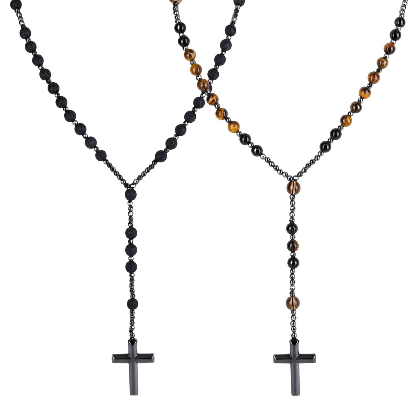 Kemstone Tiger Eye Beaded Cross Necklace for Men Lava Stone Stainless Steel Pendant NC-3017