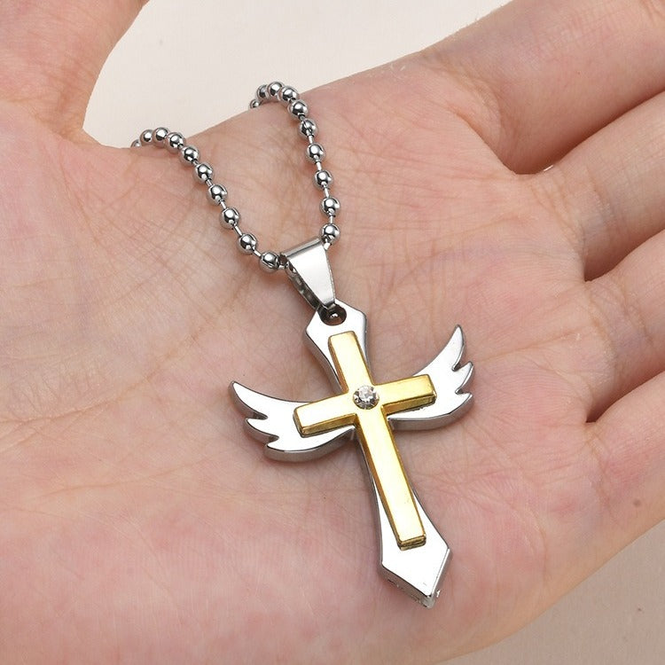 Kemstone Winged Cross Pendant Necklace for Men Two Tone NC-3031