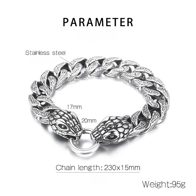Kemstone Double Snake Head Bracelet – Titanium Steel Cuban Chain for Men | Gothic Punk Vintage Style KB161368-KJX
