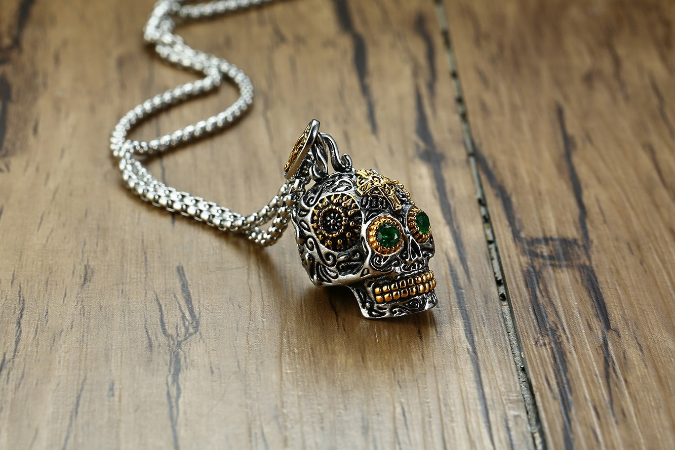 Kemstone Stainless Steel Skull Pendant Necklace for Men with Green Crystal Eyes Punk Style PN-1158