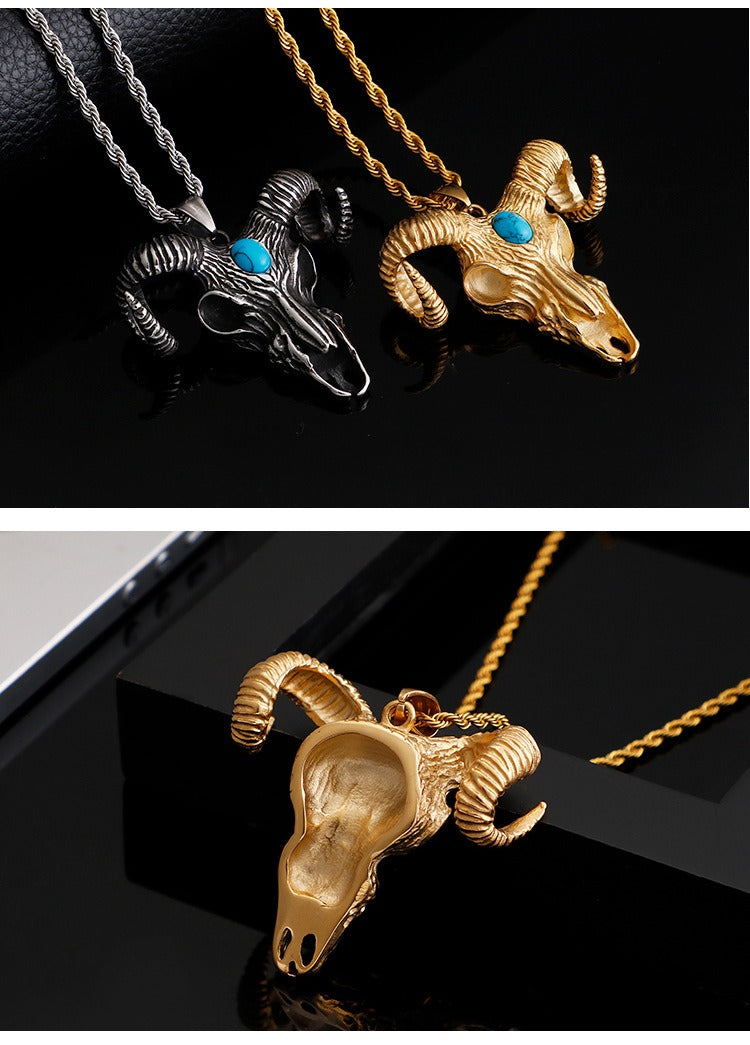 Kemstone Titanium Steel Ram Skull Pendant Necklace for Men – Vintage Horned Symbol KP79917-K