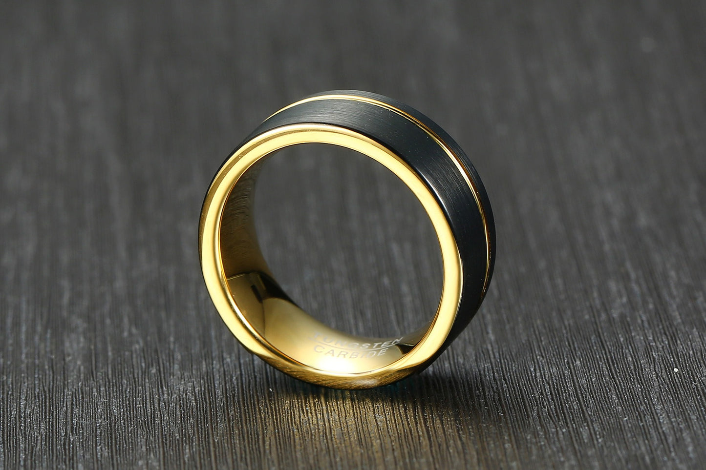 Kemstone 8mm Brushed Tungsten Ring – Black & Gold Groove Design for Men TCR-049