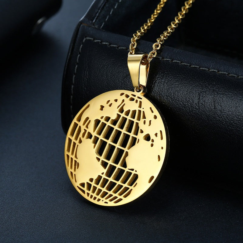 Kemston World Map Pendant Necklace for Men 316L Stainless Steel Openwork TN0186