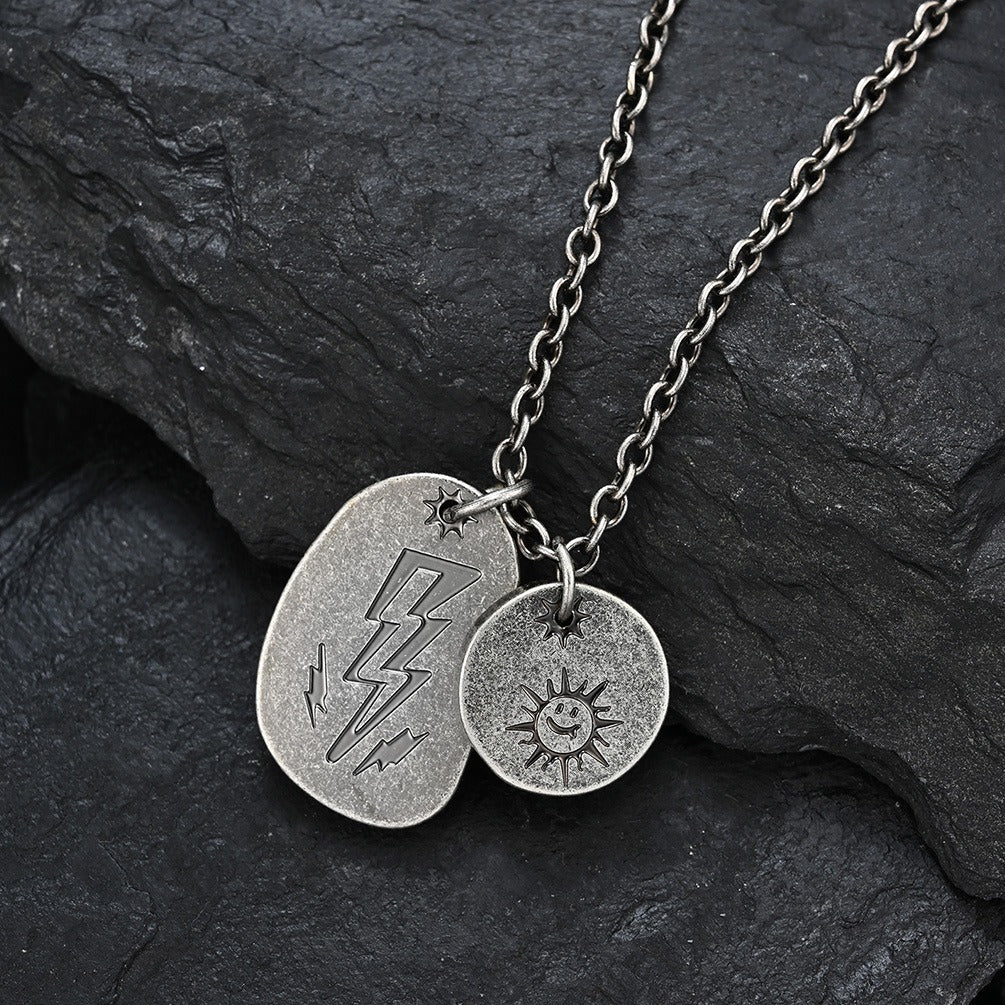 Kemstone Vintage Lightning Layered Pendant Necklace for Men Stainless Steel Sun Detail K-PT228