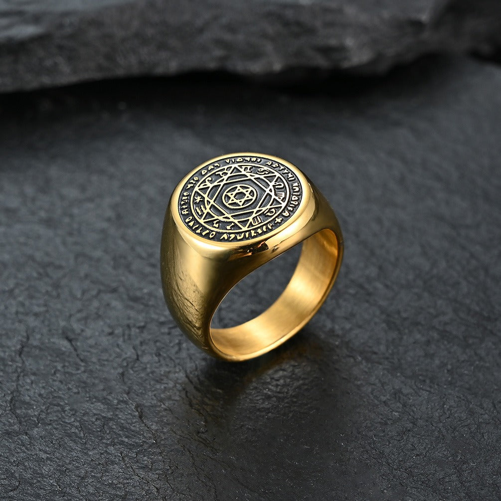 Kemstone Zodiac Pattern Signet Ring for Men Stainless Steel Engraved Detail K-R435