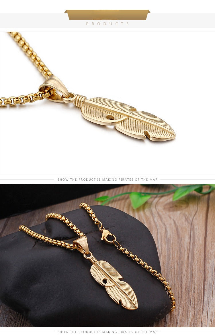 Kemstone Hollow Feather Pendant – Retro Titanium Steel Necklace for Men, Lightweight Hiphop Streetwear Jewelry KP77755-K
