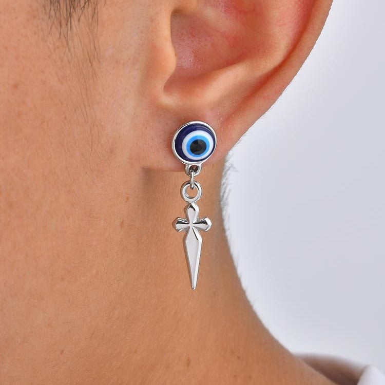 Kemston Blue Eye Cross Drop Earring for Men Stainless Steel Gothic ED-1099