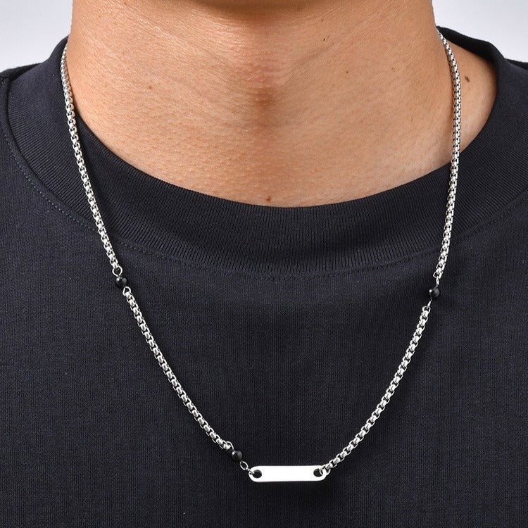 Kemston Stainless Steel Bar Pendant Necklace for Men Black Onyx Bead Vintage Style NC-2894