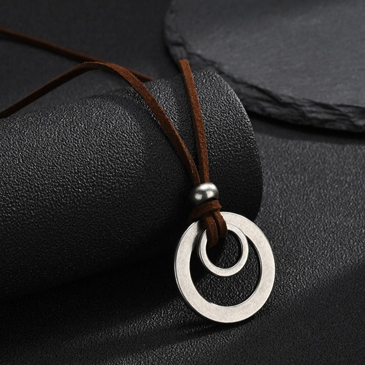 Kemstone Double Ring Pendant Necklace for Men Stainless Steel Brown Cord NC-3022