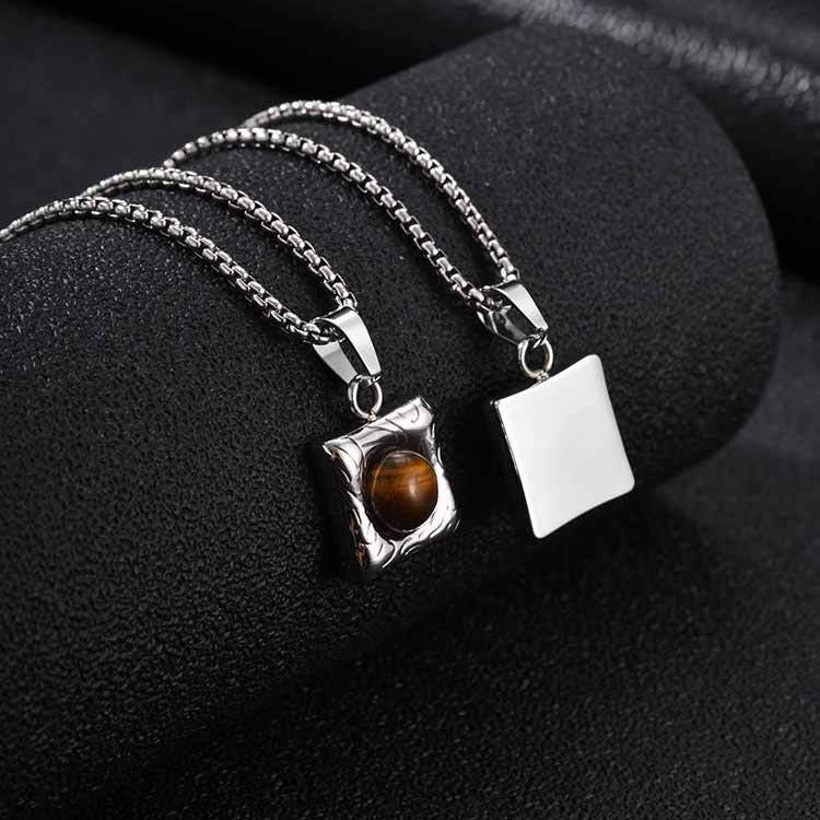 Kemston Stainless Steel Black Onyx Square Pendant Necklace for Men Minimal Stone Design PN-2421
