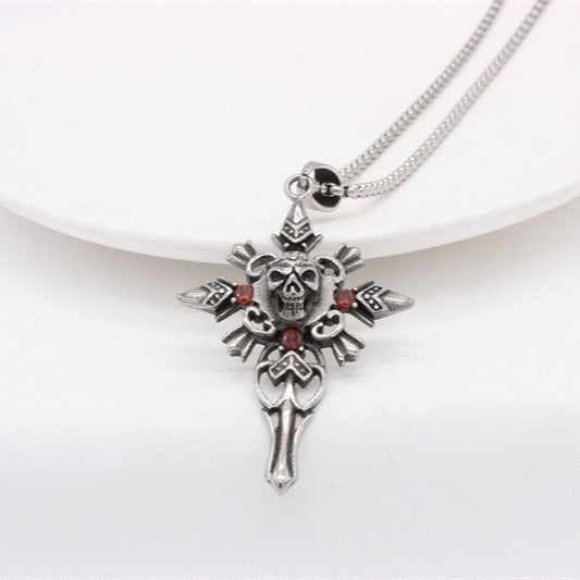Kemstone Skull Cross Titanium Steel Pendant Necklace for Men – Red Cubic Zirconia Inlay P1400