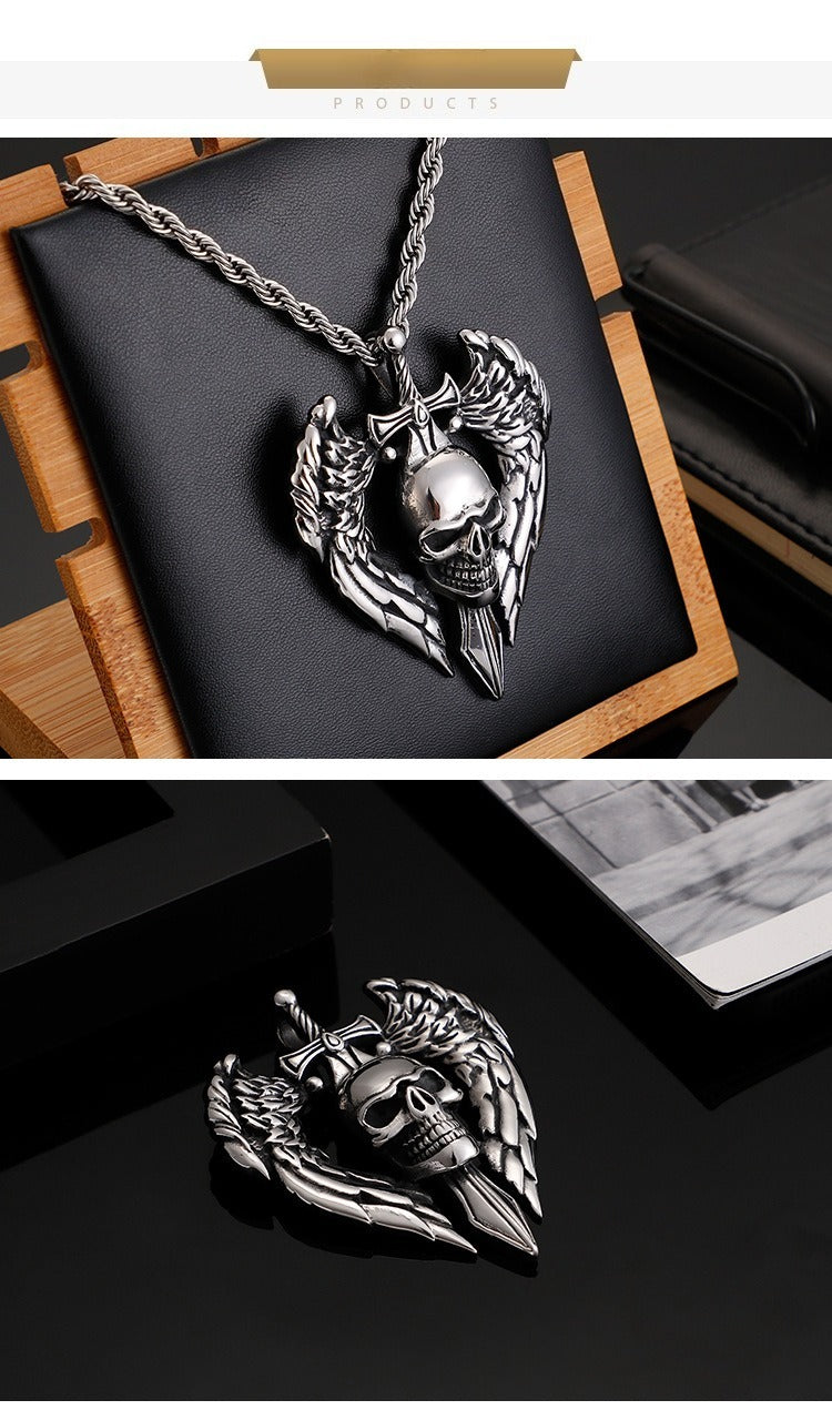 Kemstone Titanium Steel Skull Wing Sword Pendant Necklace for Men KP80019-BD