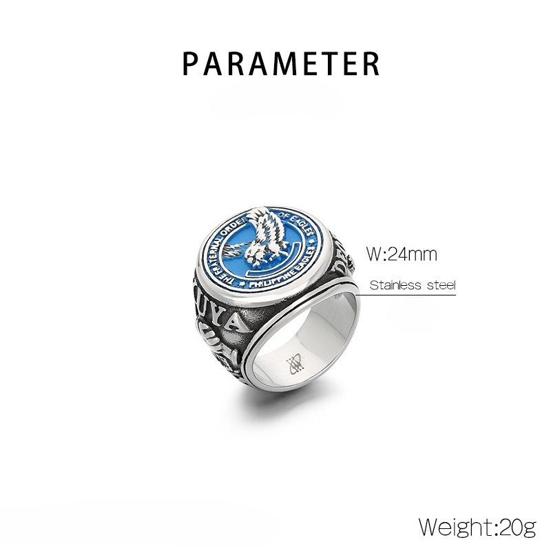 Kemstone Titanium Steel Eagle Ring – Blue Enamel Vintage Signet Jewelry, Symbol of Freedom KR114201-LU