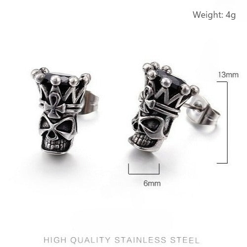Kemstone Crowned Skull Cubic Zirconia Stud Earrings for Men – Titanium Steel Vintage Silver KE71702