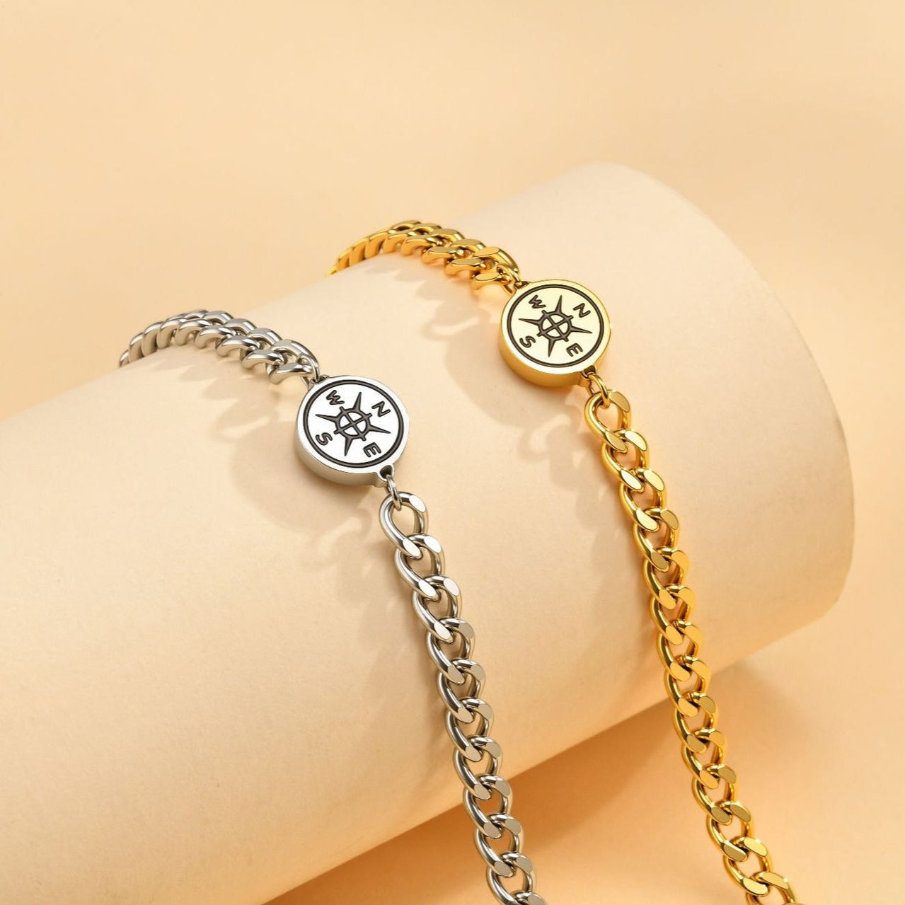 Kemstone Stainless Steel Compass Cuban Link Bracelet for Men Double H Clasp Silver BR-2210