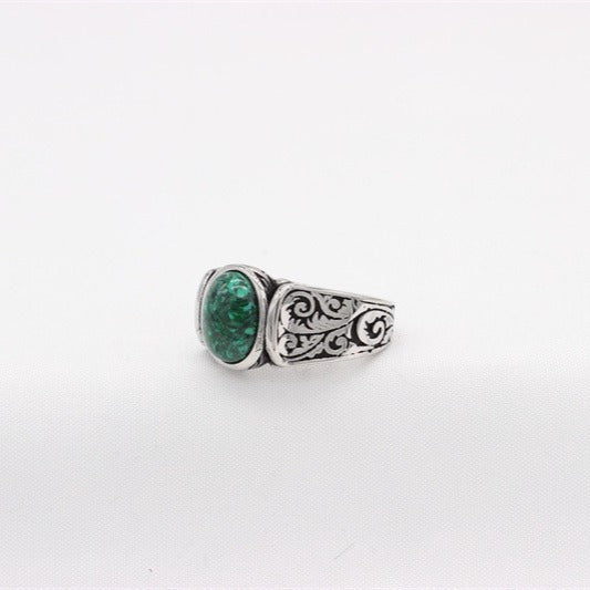 Kemstone Titanium Steel Green Resin Signet Ring for Men with Malachite-Style Pattern R1782